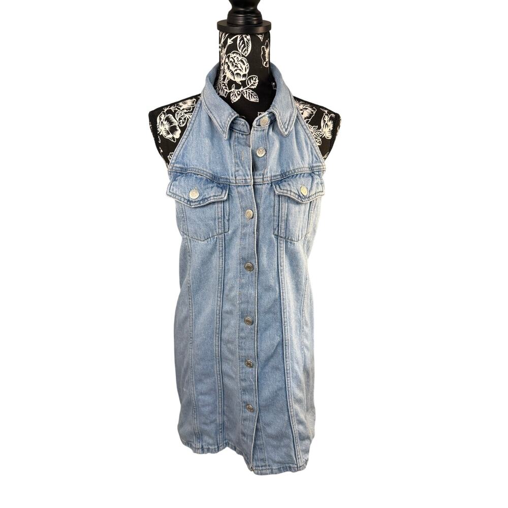 Zara Denim Halter Mini Dress Blue Jean Button Front Backless Sleeveless Medium M